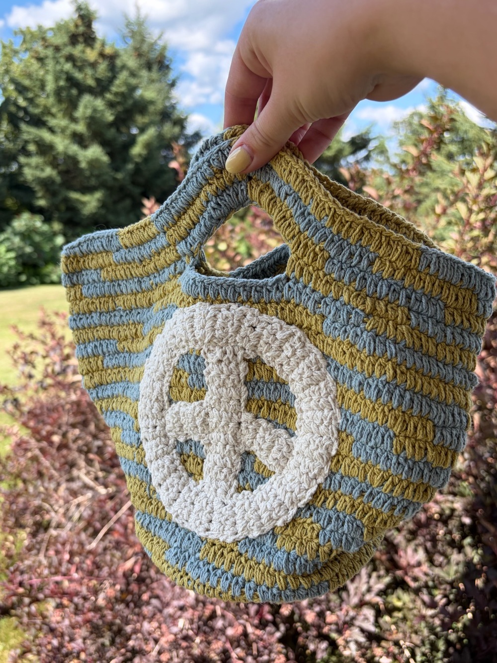 Free people peace sign striped crochet knit tote bag purse blue green
